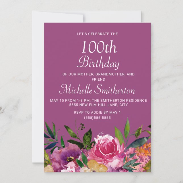 Rosa Lila Gult Blommig 100-årsdag Inbjudningar (Framsida)
