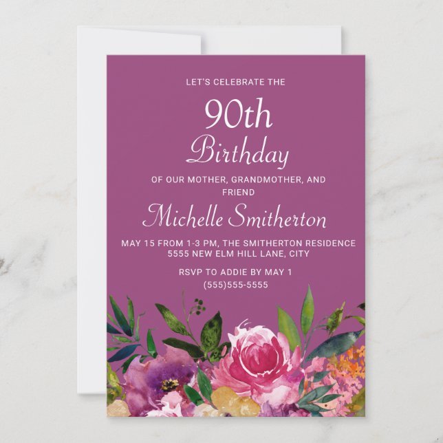 Rosa Lila Gult Blommig 90-årsdag Inbjudningar (Framsida)