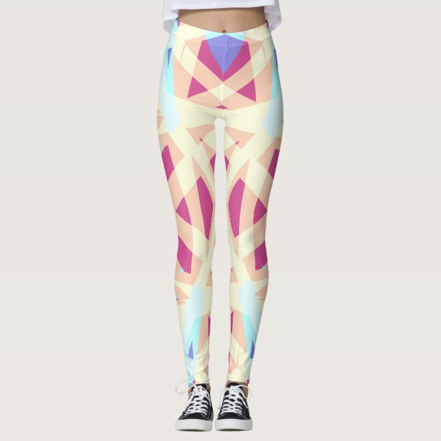 Rosa Lila Gult Blue Abstrakt Geometric Mönster Leggings (Framsida)