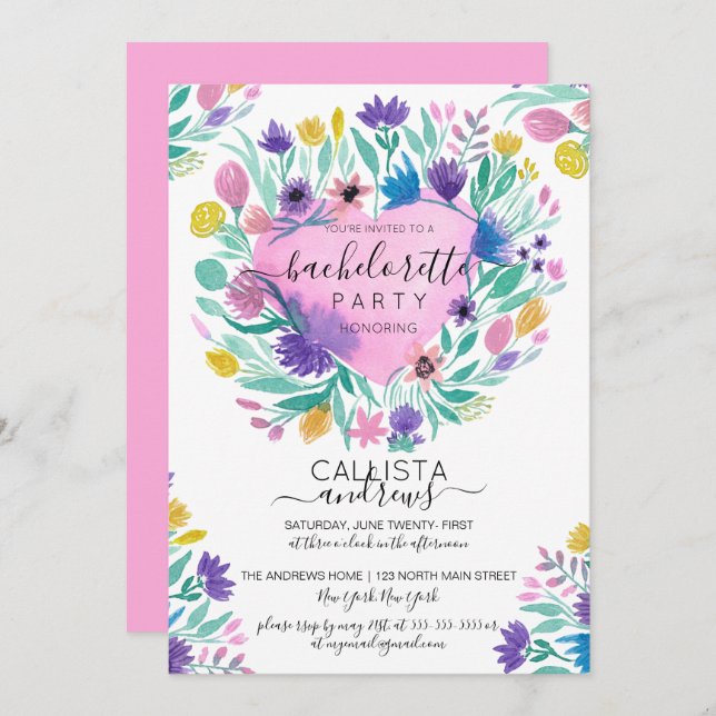 Rosa Lila Gult Heart Flowers Löv Bachelorette Inbjudningar (Fram/baksida)