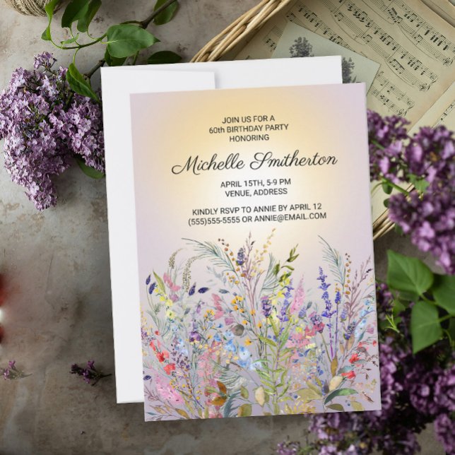 Rosa Lila Gult Wildblommor 60:e födelsedagen Inbjudningar (Springtime wildflowers and sunshine women's 60th birthday party invitation)