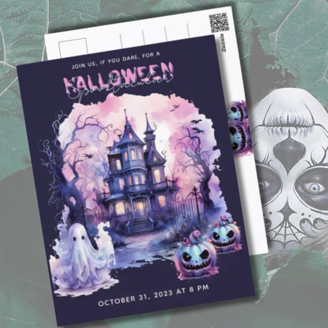 Rosa Lila Halloween Spooktacular Party Helg Vykort (Goth-style Pink Purple Halloween Party Invitation Postcard)