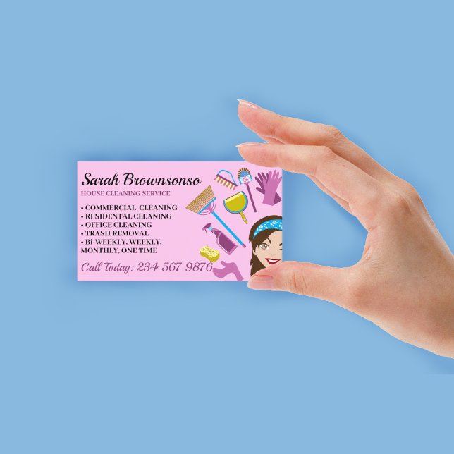 Rosa lila handskar serie tecknad städhjälp hemstäd visitkort (Pink Purple Janitorial Lady Cartoon House Cleaning Business Card)