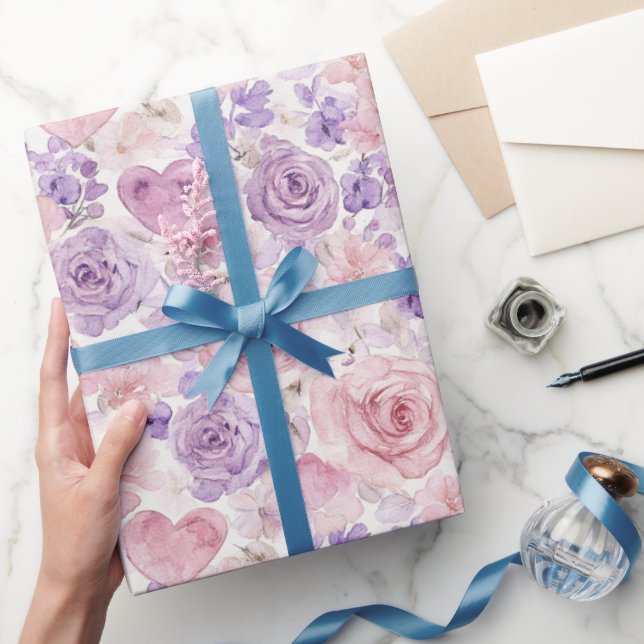 Rosa lila hjärtan blommor bröllopsdusch presentpapper (Gifting)