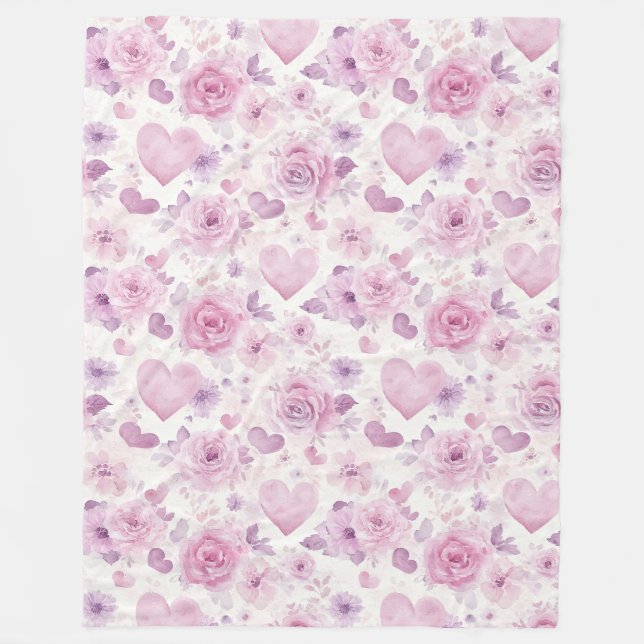 Rosa lila hjärtan blommor födelsedag fleecefilt (Framsidan)