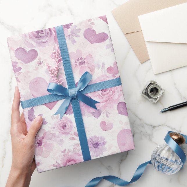 Rosa lila hjärtan blommor födelsedag presentpapper (Gifting)
