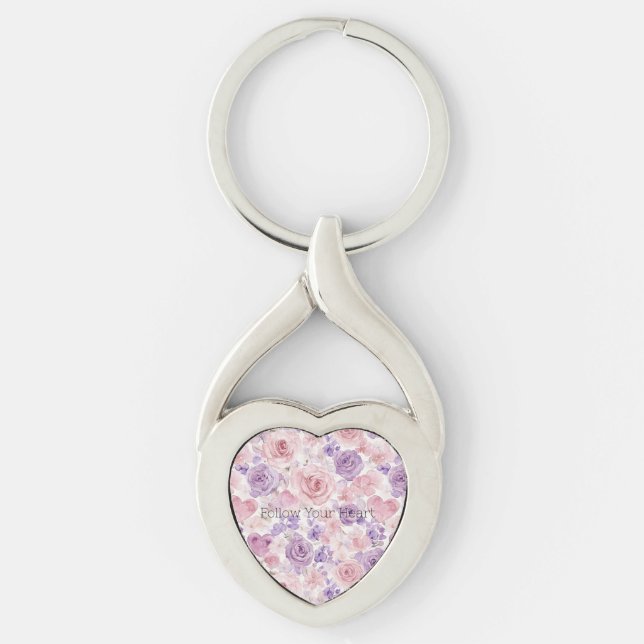 Rosa lila hjärtformade blommor twisted heart silverfärgad nyckelring (Framsidan)