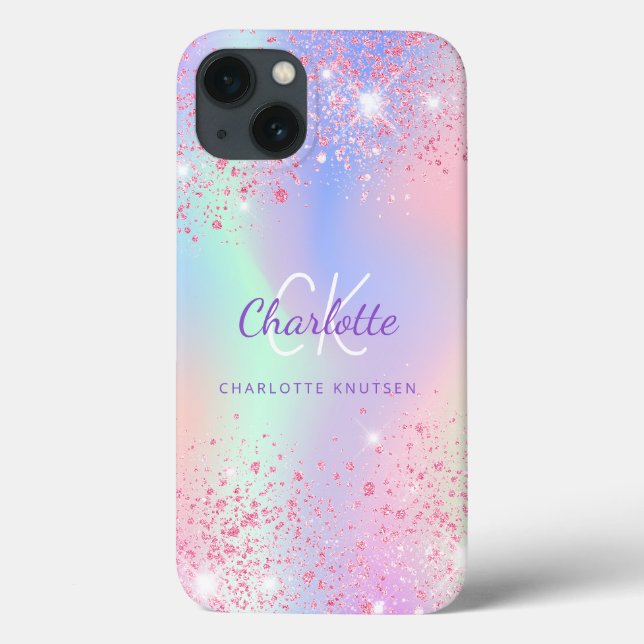 Rosa lila holograf glitter monogram namn (Baksida)