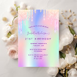 Rosa lila   holograf party flicka inbjudningar<br><div class="desc">En giftig och feminin 21:a (eller någon ålder) födelsedagsfest inbjudan. På framsidan: En holografisk färgad med bakgrund i lila, rosa, myntgrönt. Dekorerad med droppar i lila, rosa och faux guld. Anpassa och lägg till information om namn och party. Namn är skrivet med ett handskript i stil, lila färgad brev. Bakåt:...</div>