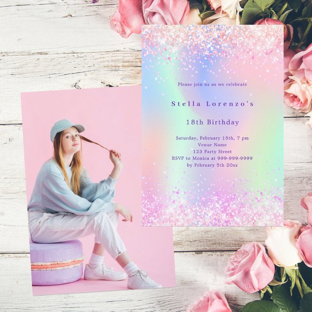 Rosa lila holografisk fotofödelsedag inbjudningar (Skapare uppladdad)