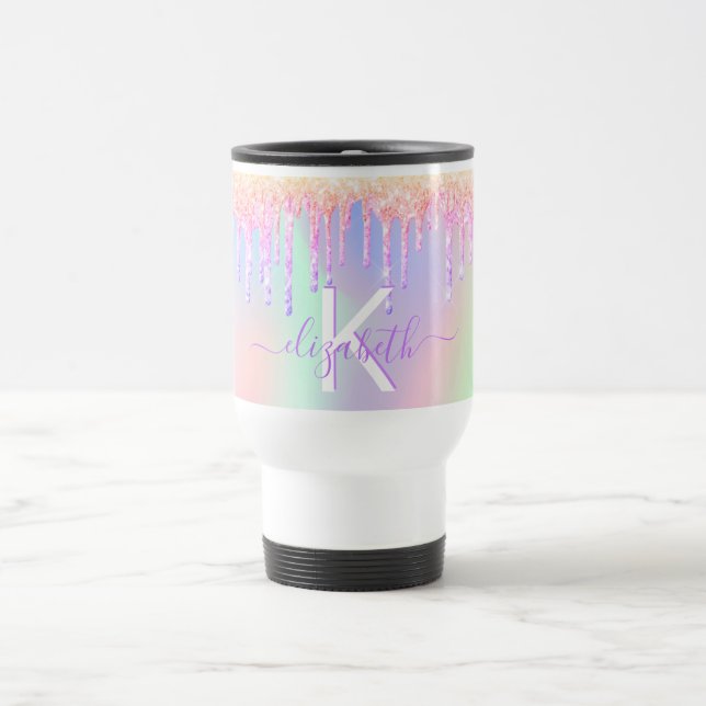  rosa lila holografisk namn monogram resemugg (Center)