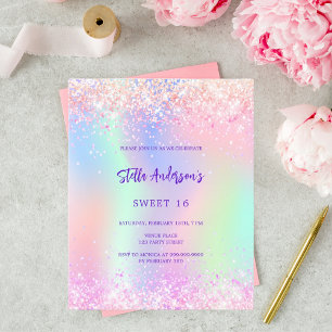 Rosa lila holografisk Sweet 16 budget inbjudan
