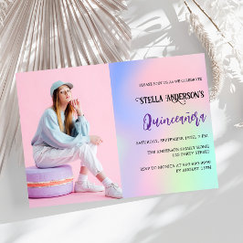 Rosa lila holografiskt foto Quinceanera Inbjudningar