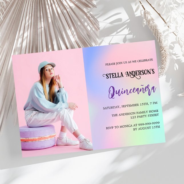 Rosa lila holografiskt fotolyxfoto Quinceanera Inbjudningar (Skapare uppladdad)