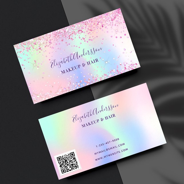 Rosa lila holograpic glitter makeup hair qr kod visitkort (Skapare uppladdad)