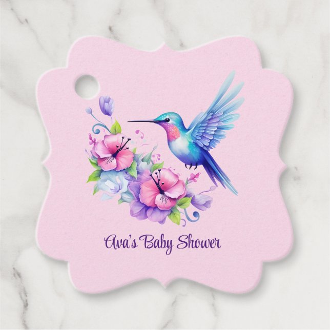 Rosa & Lila Hummingbird Blommigt Baby Shower Gåvor Etiketter (Framsida)