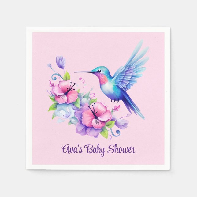 Rosa & Lila Hummingbird Blommigt Baby Shower Pappersservett (Framsidan)
