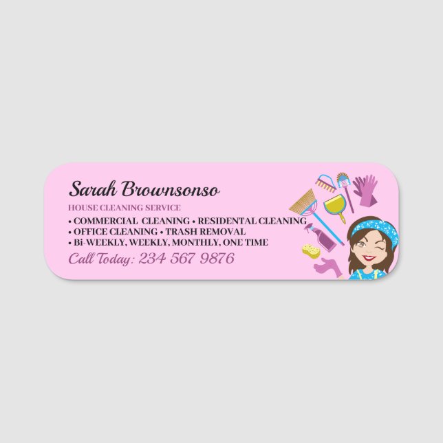 Rosa Lila Janitorial Tecknad Städning Brand Namnbricka (Framsida)