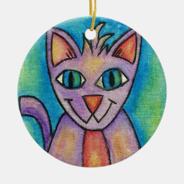 Rosa Lila Kitty Katt Julgransprydnad Keramik (Framsidan)