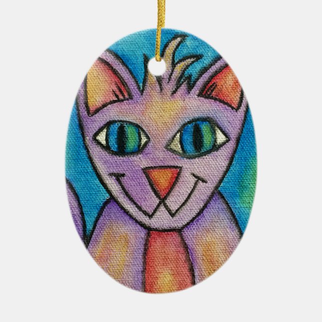 Rosa Lila Kitty Katt Julgransprydnad Keramik (Framsidan)