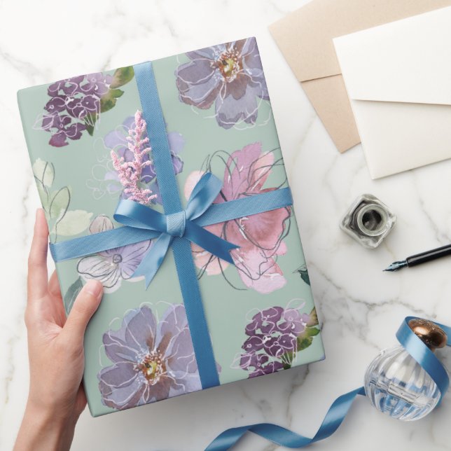 Rosa lila kronblad mintgrön bakgrund presentpapper (Gifting)
