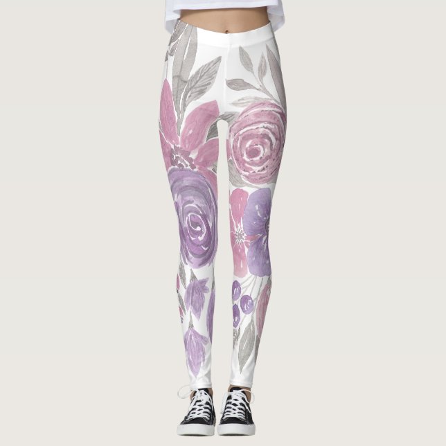 Rosa Lila Light Sage Grönt Blommigt Vattenfärg Leggings (Framsida)