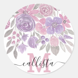 Rosa Lila Light Sage Grönt Blommigt Vattenfärg Runt Klistermärke