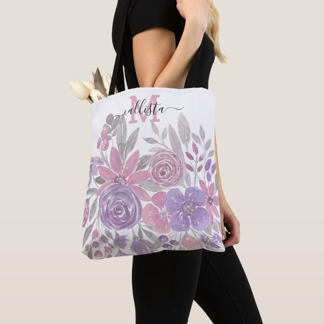 Rosa Lila Light Sage Grönt Blommigt Vattenfärg Tygkasse (Närbild)