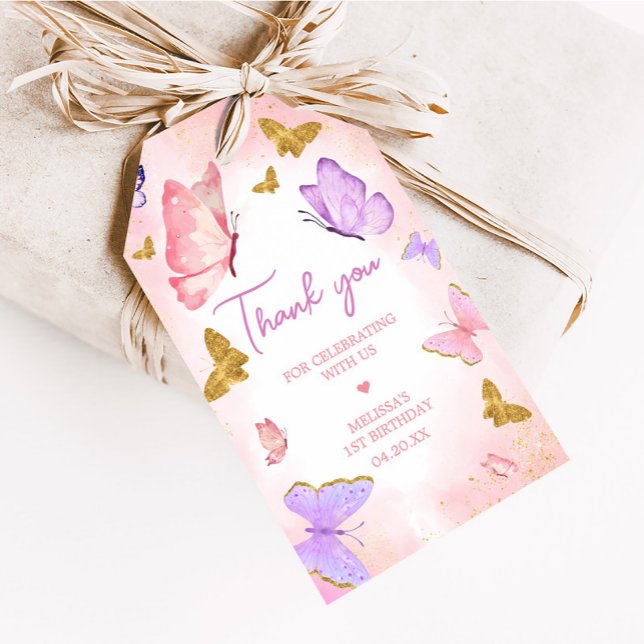 Rosa Lila Little Butterfly Favor Taggar Presentetikett (Pink Purple Whimsical Little Butterfly Birthday Party Favor Tags)