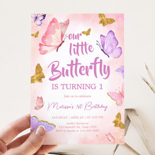 Rosa Lila Little Butterfly Födelsedagsfest Inbjudningar