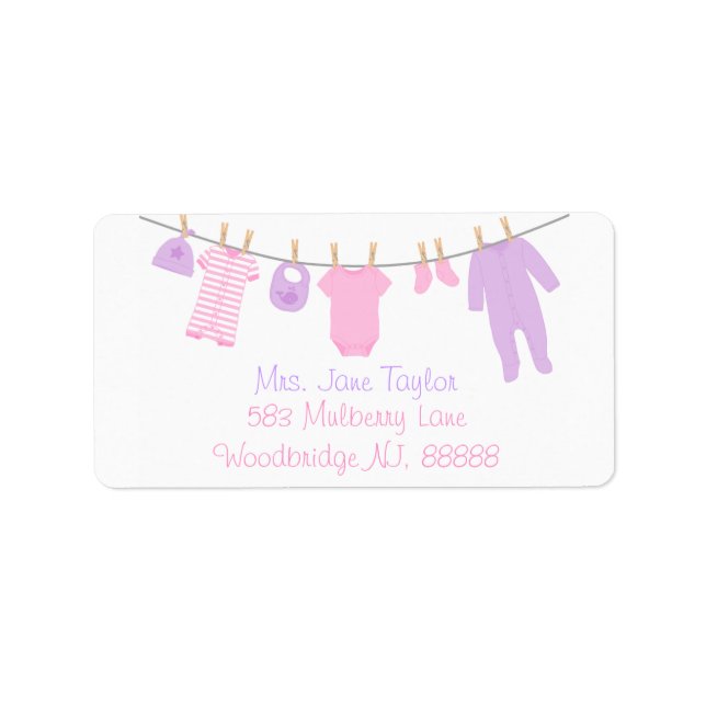 Rosa & Lila Little Clothes Baby Shower Labels Adressetikett (Framsidan)