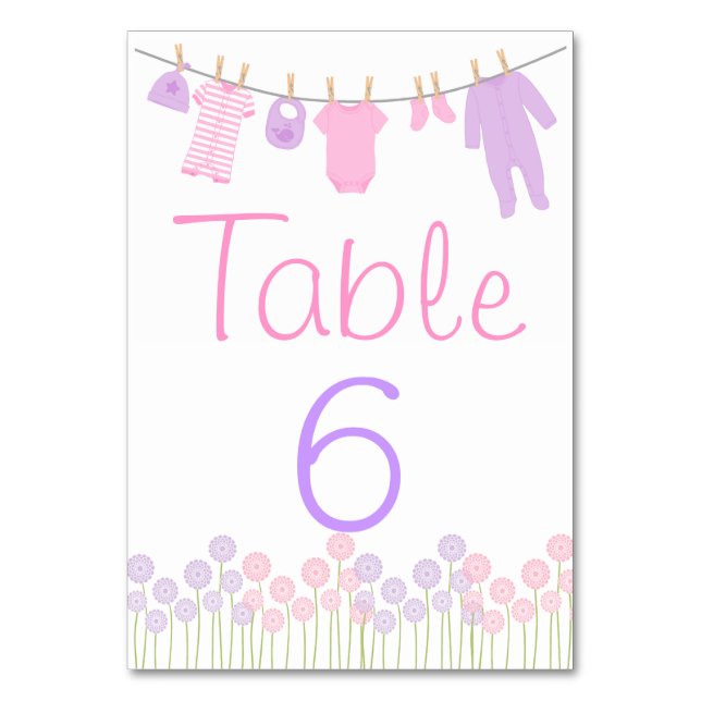Rosa & Lila Little Clothes Shower Bord Card Bordsnummer (Framsidan)