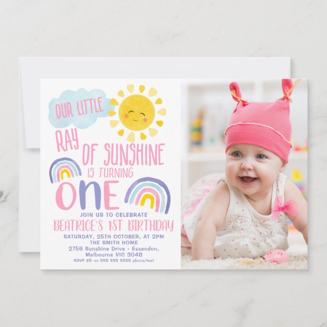 Rosa Lila Little Ray of Sunshine 1st Birthday Inbjudningar (Framsida)
