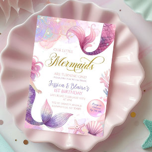 Rosa Lila Little Two Sjöjungfruars Twillingars Bir Inbjudningar