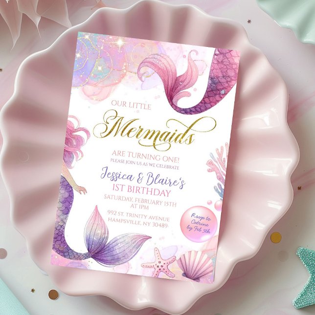 Rosa Lila Little Two Sjöjungfruars Twillingars Bir Inbjudningar (Skapare uppladdad)