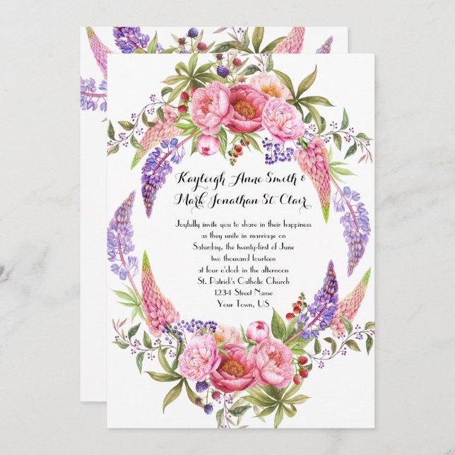 Rosa Lila Lupines Peonies Watercolor Bröllop Inbjudningar (Fram/baksida)