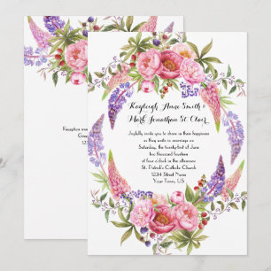 Rosa Lila Lupines Peonies Watercolor Bröllop Inbjudningar