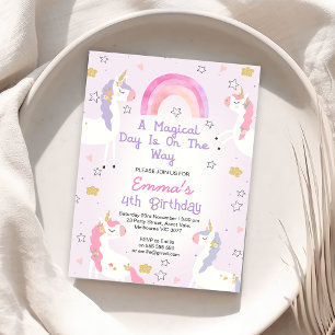 Rosa Lila Magic Day Unicorn Årsdag Inbjudningar