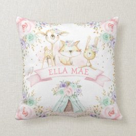 Rosa Lila Mint Blommigt Tribal Woodland Animals Kudde