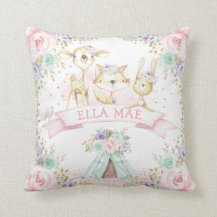 Rosa Lila Mint Blommigt Tribal Woodland Animals Kudde