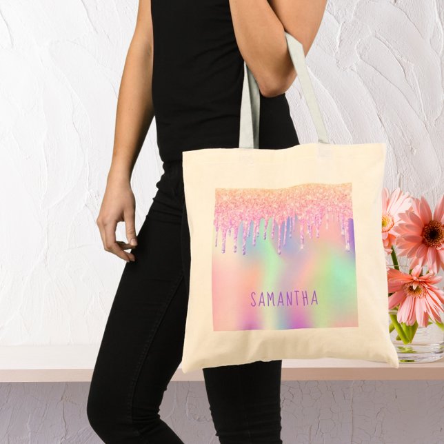 Rosa lila mint glitter droppar namn tygkasse (Skapare uppladdad)