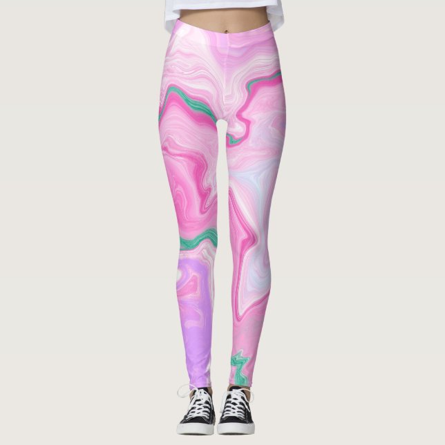 Rosa, Lila, Mint Grönt Marble Art Leggings (Framsida)