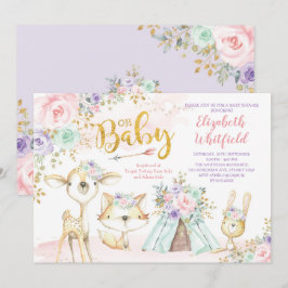 Rosa Lila Mint Tribal Woodland Baby Shower Inbjudningar