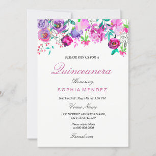 Rosa Lila Mint Watercolor Flowers Quinceanera Inbjudningar