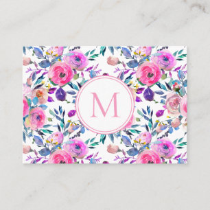 Rosa Lila Monogram vattenfärgsblommor Visitkort