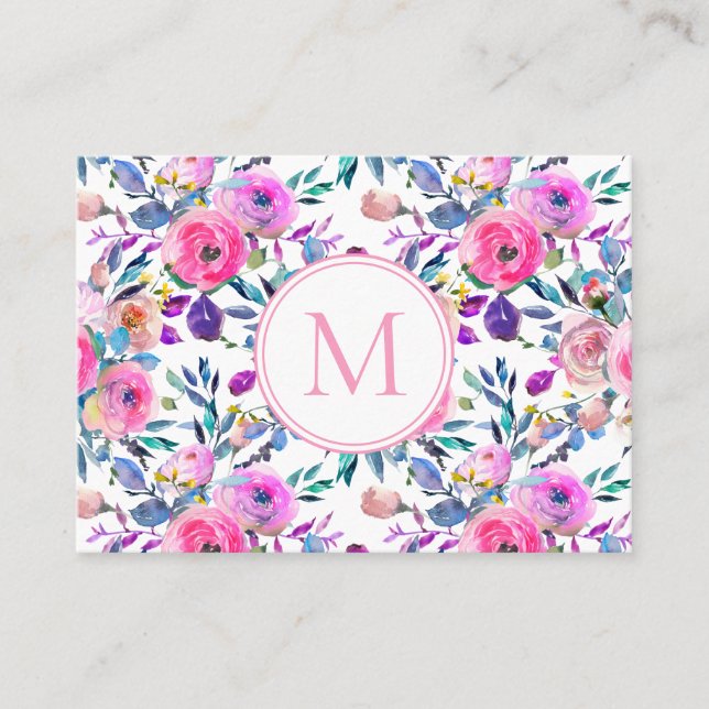 Rosa Lila Monogram Watercolor Flowers Visitkort (Framsida)