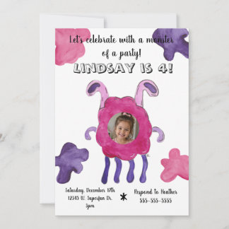Rosa & lila monster fotofödelsedagsinbjudan inbjudningar