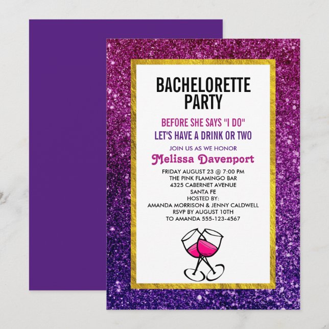Rosa & Lila Moukling Glitter Bachelorette Party Inbjudningar (Fram/baksida)