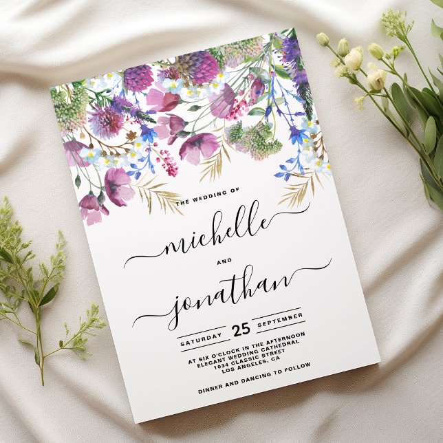 Rosa lila myntblomma guld vild bröllop inbjudningar (Pink purple mint gold wild flower wedding )