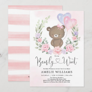 Rosa Lila Nalle Balloons Girl Baby Shower Inbjudningar